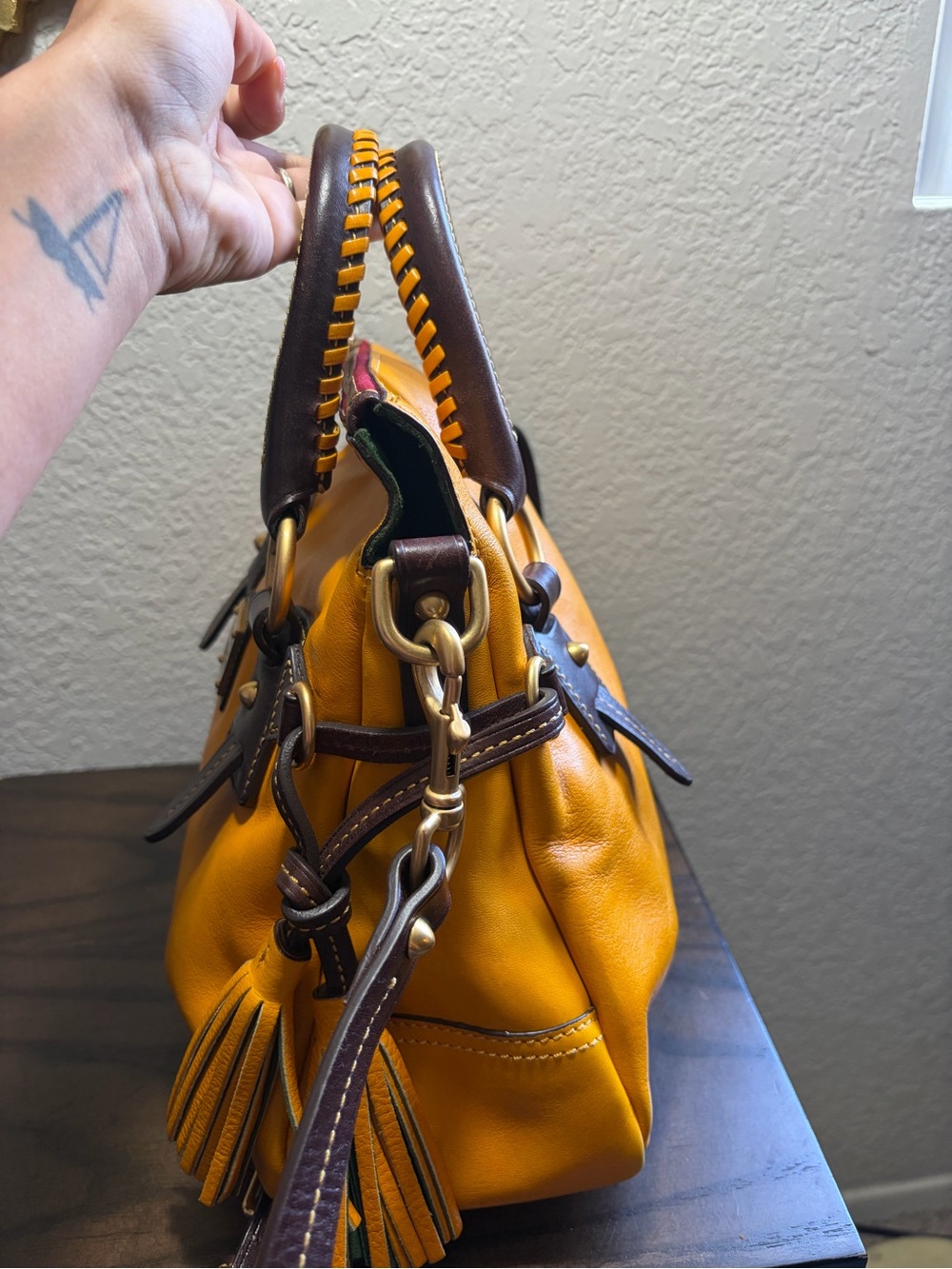 Dooney and Bourke Florentine Stanwich Satchel - Yellow & Brown - Picture 4 of 13